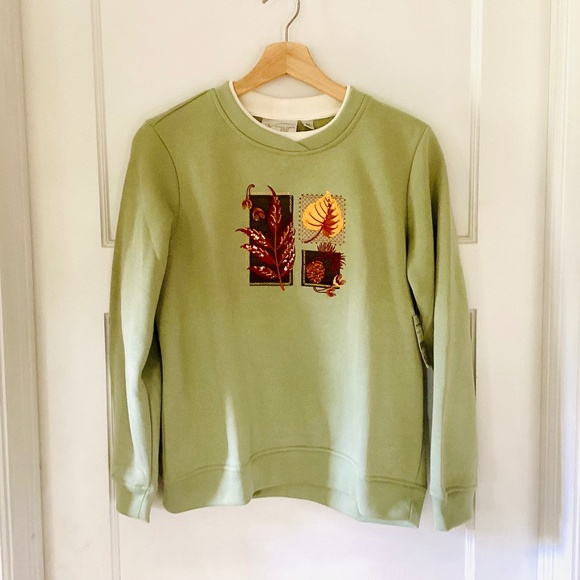 Studio Works Sage Green Autumnal Crew Neck Sweatshirt Embroidered Petite M NWT - Picture 1 of 13